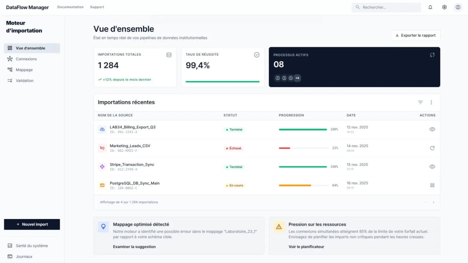Capture d'écran du back-office d'importation de données